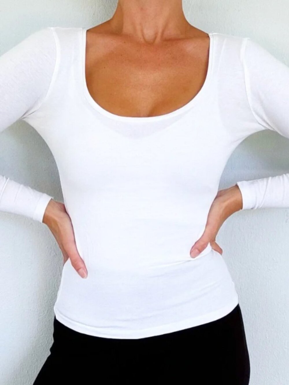 H&M White Scoop Neck Semi-Sheer Long Sleeve